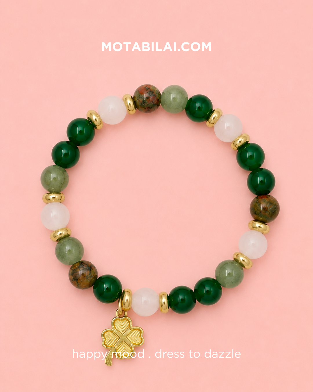 Beaded Circle Bracelet with Gold Clover Charm - 065