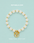 Milky Bead Bracelet with Gold Cat Charm - 069