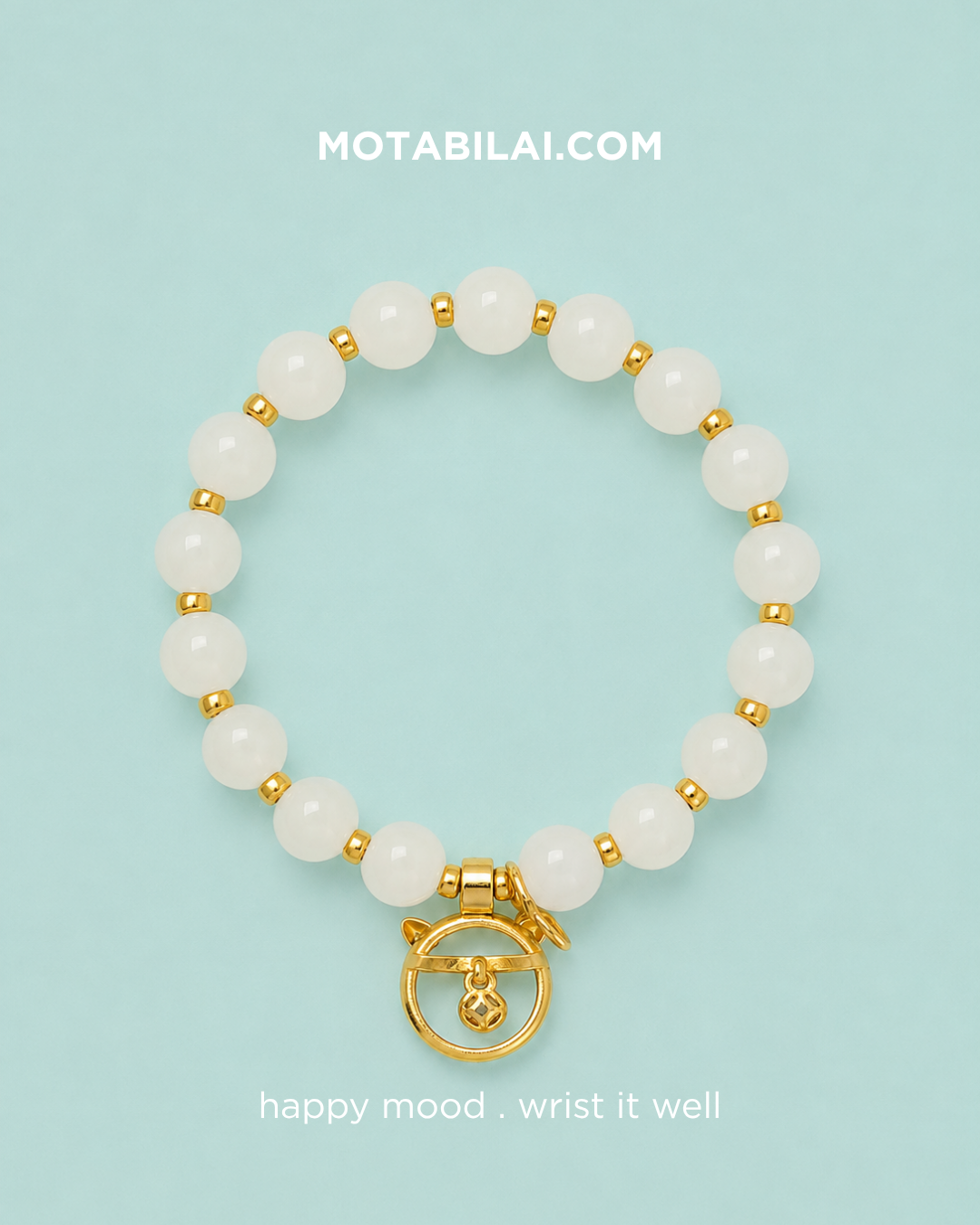 Milky Bead Bracelet with Gold Cat Charm - 069
