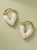 White Heart Hanging Enamel - Medium Earrings - 041
