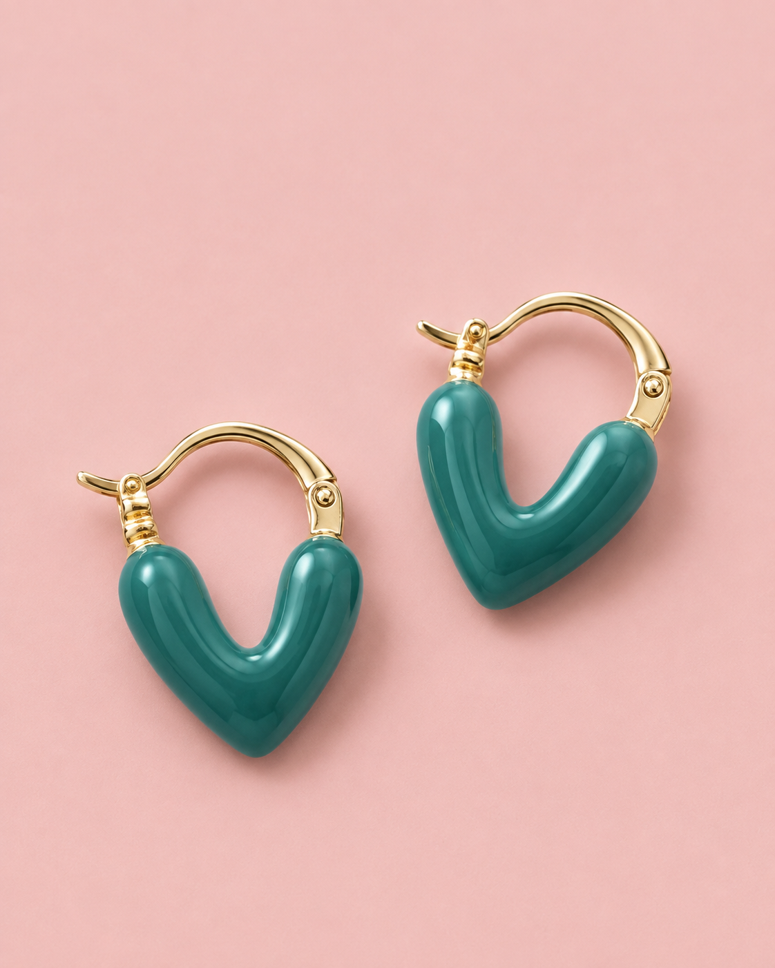 Jade Green Heart Hanging Enamel - Medium Earrings - 042
