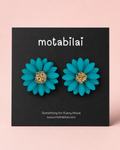 Big Teal Blue Floral - Big Earrings - 052